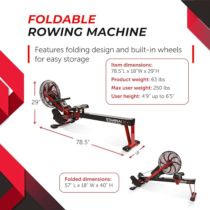 Stamina X Air Rower - Rower Machine with Smart Workout App - Rowing Machine with Air Resistance for Home Gym Fitness - Up to 250 lbs Weight Capacity - Black/Red