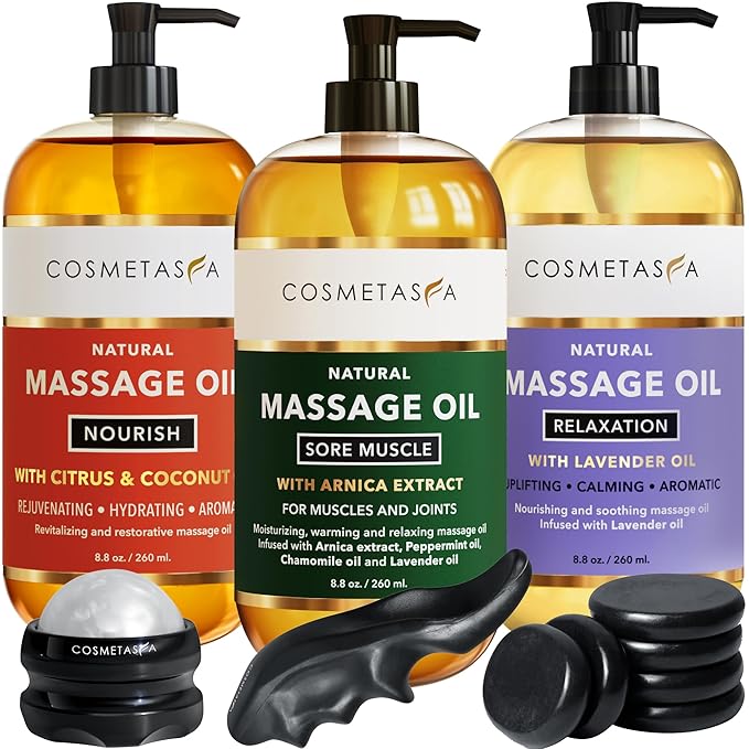 Cosmetasa Massage Oil Spa Gift Set for Women – Relaxing Lavender, Warming Arnica & Nourishing Citrus & Coconut Oils – Includes Roller Ball, Thumb Saver & Hot Stones – Self Care Kit & Body Massage Oils