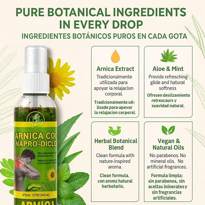 Arnica Sore Muscle Massage Oil(Aceite) – 6 fl oz – Natural Concentrated Body Oil for Muscles, Joints & Massage Therapy – Fast-Absorbing – Fresh Herbal Aroma – Soothing Relief – Daily Use Solution