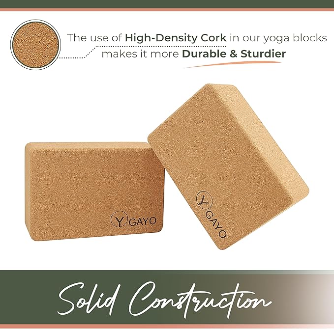 Y O Gayo Premium Cork All-in-One Yoga Essentials Kit -Large Cork Yoga Mat 5mm and Blocks Set with Carry Strap and Alignment lines, 10ft Stretch Strap, Your Ultimate Yoga Starter Set