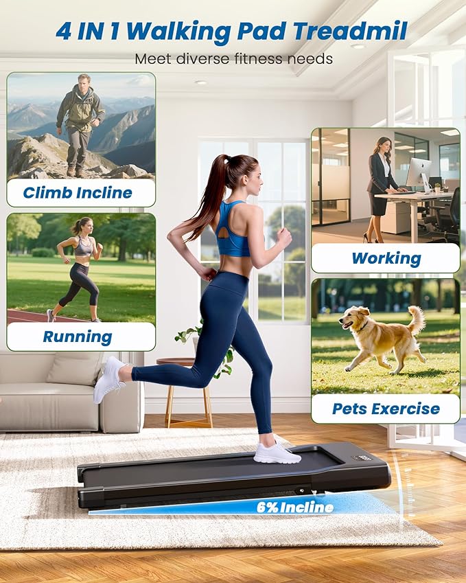 DeerRun Under Desk Walking Pad Treadmill with 6% Manual Incline, 0.6-3.8 MPH Walking Speed, 2.5 HP, 300 lb Capacity, App & Remote Control, for Home Office & Small Spaces