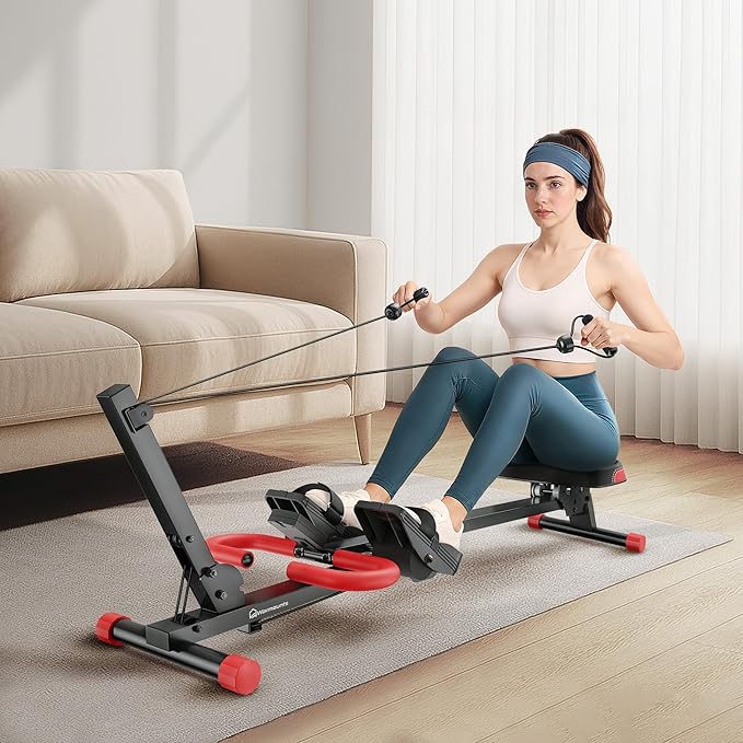 WARMOUNTS Ab Machine, 4 in 1 Foldable Rowing Machine Full Body Workout for Home Gym, Ab Workout Machine with 4 Adjustable Handle & LCD Monitor