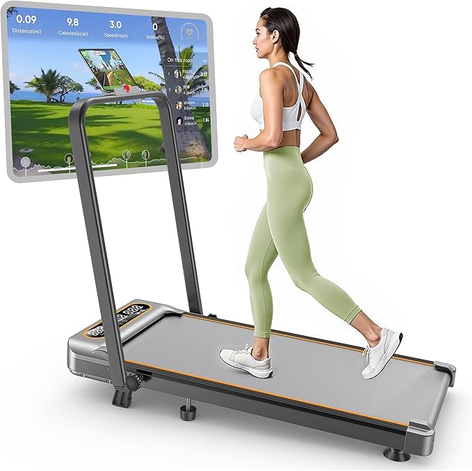 Folding Walking Pad with 15% Incline/RGB Light/Dual Screen Display, 3.5HP Treadmills for Home, Portable Walking Pad Treadmill with Handle Bar and 4 Adjustable Incline, 350lbs Capacity, Smart App