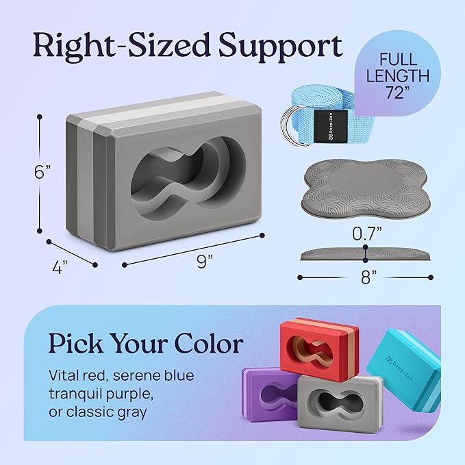 Deep-Zen® Yoga Blocks Wrist Support; Yoga Blocks 2 Pack with Knee Pads and Strap to Put Less Weight on Wrists; Durable, Versatile Yoga Brick Exercise Block Set, Blocks Yoga (Grey)