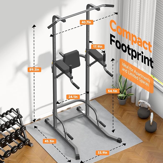 Power Tower Pull Up Station for Home Gym, Dip Station with Splayed H-Shaped Base, 440LBS Capacity, Adjustable Height Workout Station for Pull-ups, Dips & Leg Raises