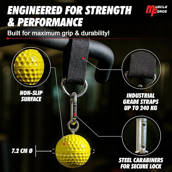 Pull Up Grips Ball – Enhance Grip Strength & Forearm Training – 2.8inch Non-Slip Surface Grip Balls – Includes Carabiners & Straps – Max Load 530lbs – Ideal for Climbing, Calisthenics