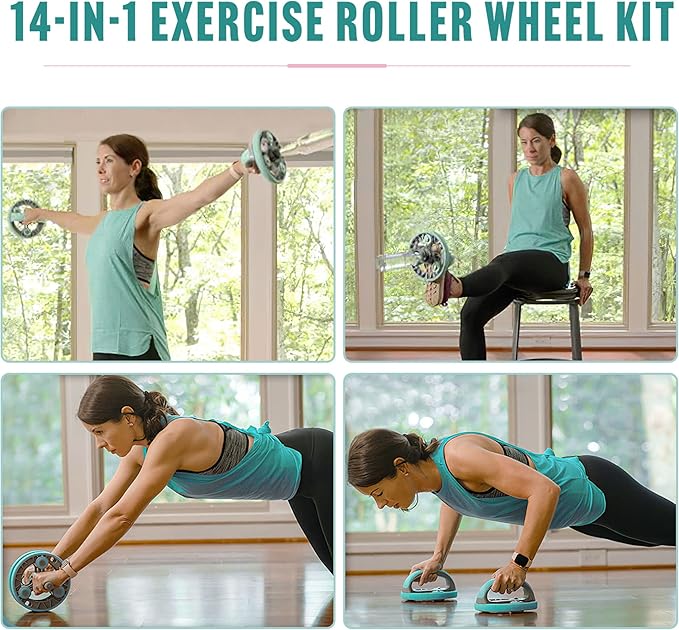 Elevens Ab Roller Wheel for Training Abdomen & Core Strength, 14-in-1 Exercise Equipment for Abs Workout at Home Gym Fitness Yoga for Women（Green)