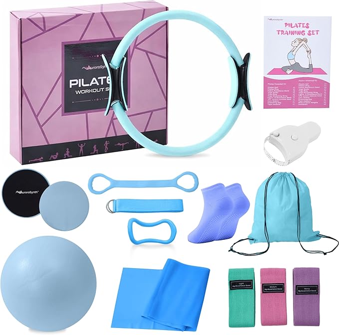 Pilates Equipment, Pilates Kit for Home Workouts, Pilates Ring and Ball Set for Women With 14.5" Pilates Ring, Ball, Resistance Bands, Sliders, Yoga Strap & Ring, Socks, Measure Tape, Stretch Band Bag