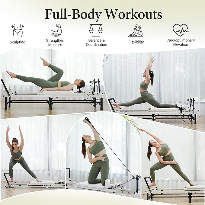 PAETA Pilates Reformer, 91" Foldable Reformer Pilates Machine with Adjustable Reformer Heights, Pilates Equipment with Piano Wire Spings and Jump Boards