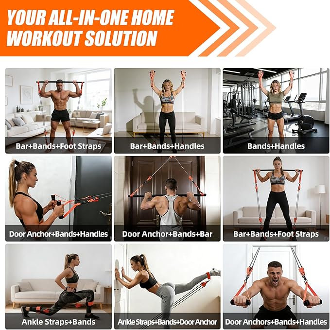 Pilates Bar Kit with Resistance Bands for Men, Heavy Duty Home Gym Equipment for Full Body Workout, Strength Training, Legs, Hips, Arms, Abs, Chest – Portable Pilates Stick