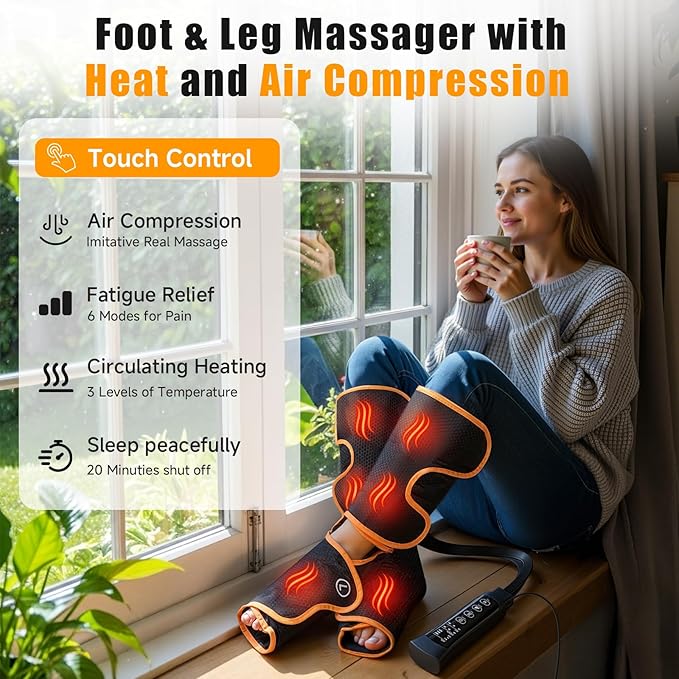 Leg Massager with Heat and Compression, Foot and Calf Massager for Circulation and Pain Relief, Compression Boots with Handheld Controller, 6 Modes 3 Intensities, Gift for Mom Dad