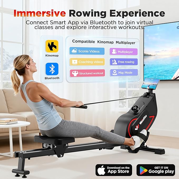 Rowing Machines for Home Use, Compact Rower Machine with 350 LBS Capacity,32-Level Self-Powered Resistance Knob with Real-Time Data Tracking, Dual Rail, Ergonomic Seat, App Support