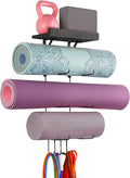 VINAEMO Yoga Mat Holder Accessories Wall Mount Organizer Storage Decor Foam Roller and Towel Storage Rack with 4 Hooks and Wooden Shelves Yoga Mats Rack Resistance Bands for Home Gym School Office
