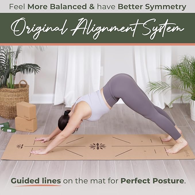 Y O Gayo Premium Cork All-in-One Yoga Essentials Kit -Large Cork Yoga Mat 5mm and Blocks Set with Carry Strap and Alignment lines, 10ft Stretch Strap, Your Ultimate Yoga Starter Set