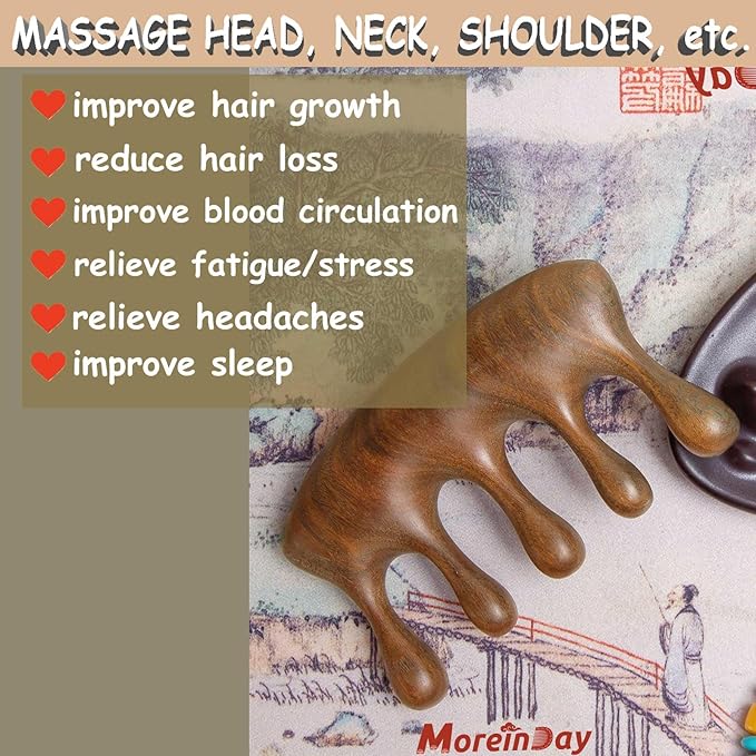 Wood Massager Comb for Hair Growth and Scalp Relax, Natural Green Sandalwood Handmade Head Massager, Loc Comb for Sisterlocks, Tapping Massage Technique
