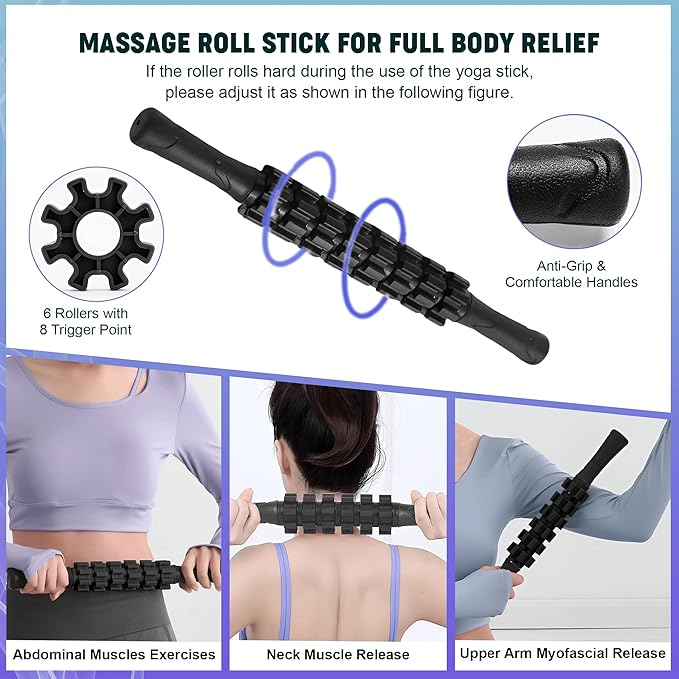 6 in 1 Foam Roller Set with High Density Massage Ball, Yoga Stick, Stretching Strap, Spiky Ball, Bag - Deep Tissue Trigger Point Massage Tool Workout Set - Back Stretcher Muscle Massager for Home