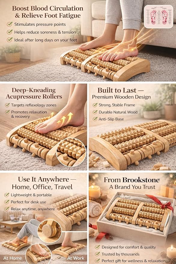 Brookstone Foot Roller Massager for Plantar Fasciitis Relief - Wooden Massage Roller for Foot Health - Stimulate Reflexes & Relieve Stress - Ideal Gift for Mom, Dad, Elderly