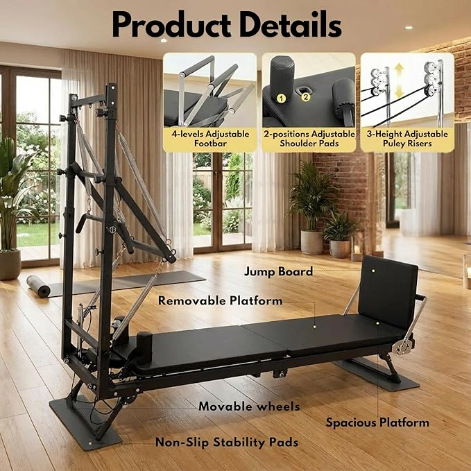 MAX3.0 Foldable 93" Pilates Reformer with Tower, Pilates Machine with Attachable Tower, Pilates Ring & Yoga Bands, Jumpboard, Dual Resistance Springs, Reformers for Home Workout, up to 800 lbs