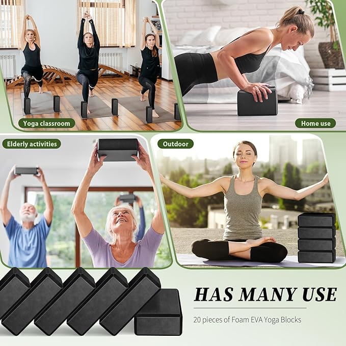 Yilloog 20 Pcs Foam EVA Yoga Blocks - High Density Non Slip Supportive Foam Blocks - Lightweight Black Yoga Bricks - Props for Women, Men, Beginners, Pilates, Meditation