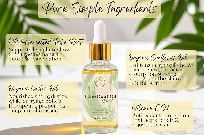 Organic Poke Root Oil with Castor Oil for Lymphatic Support - Cysts, Boils, Fibroids, Swollen Lymph Nodes, Breast & Joint - Handmade in The USA