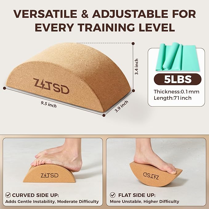 Half Moon Cork Balance Blocks Kit with 4-Week Training Plan for Foot & Ankle Stability, Calf Stretching, Balance Training & Lower Leg Exercise, Includes Resistance Band, Carry Bag & Exercise Guide