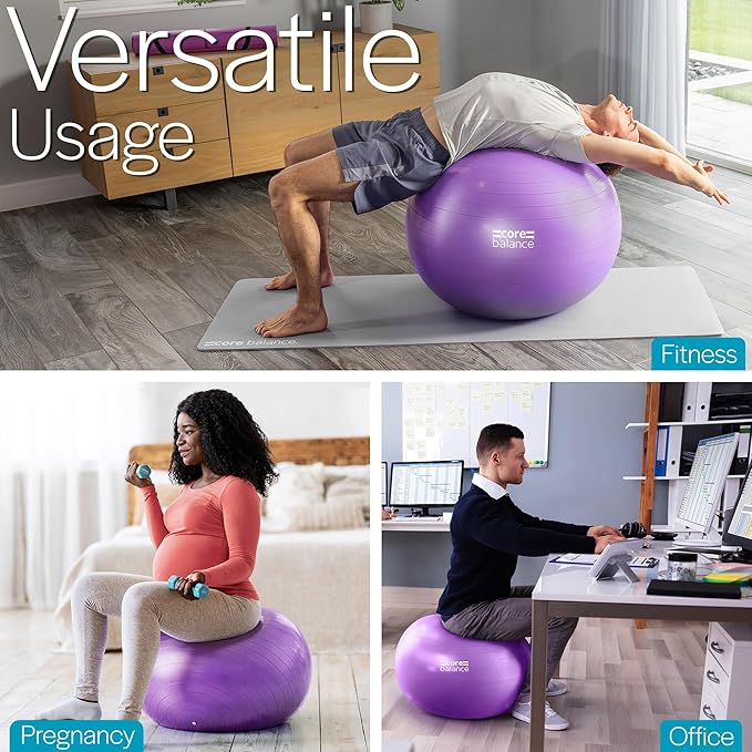 Core Balance Exercise Ball, Stability Ball for Yoga, Pilates and Fitness, Gym Ball for Home Gym and Office Chair, Training, Physical Therapy, Anti Burst, Pump Included, 55cm 65cm 75cm 85cm