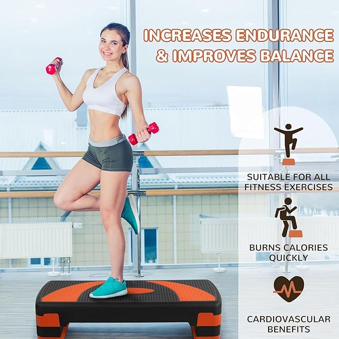 Fitvids Workout Step Aerobic Platform – 31" Exercise Step with 3 levels Adjustable Height – nan – Tangerine