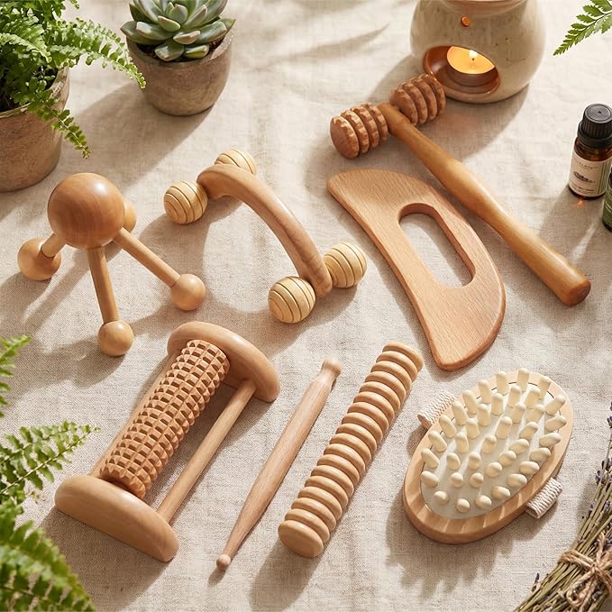 TrelaCo 8 Pcs Wood Therapy Massage Tools Set, Lymphatic Drainage Massager Maderoterapia Kit, Manual Massage Rollers for Muscle Pain Relief, Anti-Cellulite, Body Contouring and Shaping