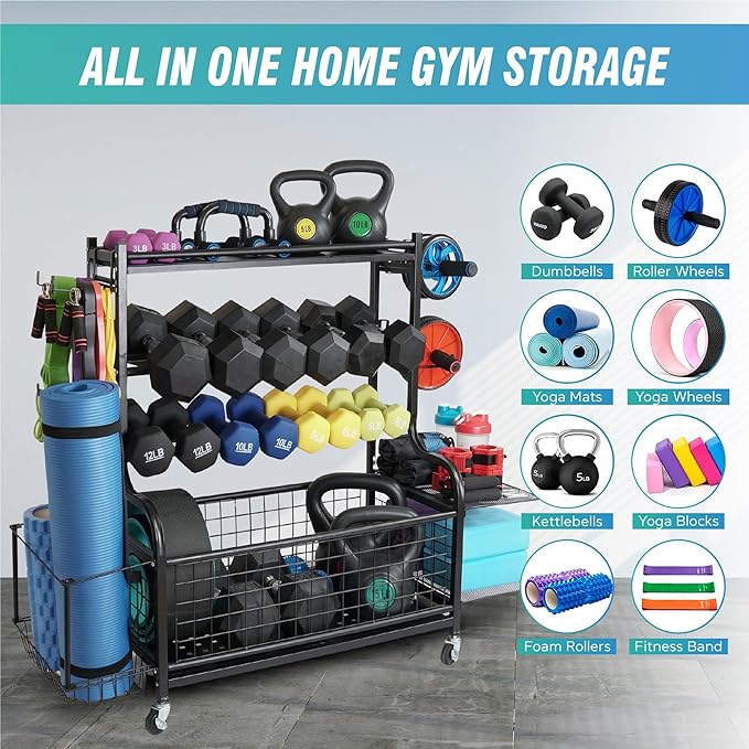 STUFFSTASH Adjustable Dumbbell Rack for Home Gym – Heavy Duty Weight Rack with Kettlebell Shelf, Yoga Mat Holder & Wheels – 700 LB Capacity Gym Equipment Storage Organizer