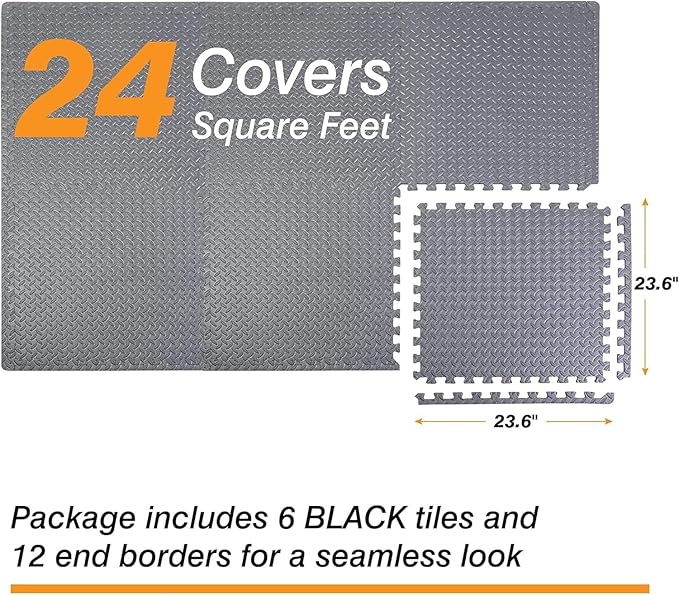 Mat Block APM002GY-2 Torin Interlocking Foam Tiles Puzzle Mats: EVA Gym Mat Flooring Exercise Equipment Mat for Home Gym Equipment, 24 SQ FT, 1/2 inch Thick, 6 Tiles, Grey