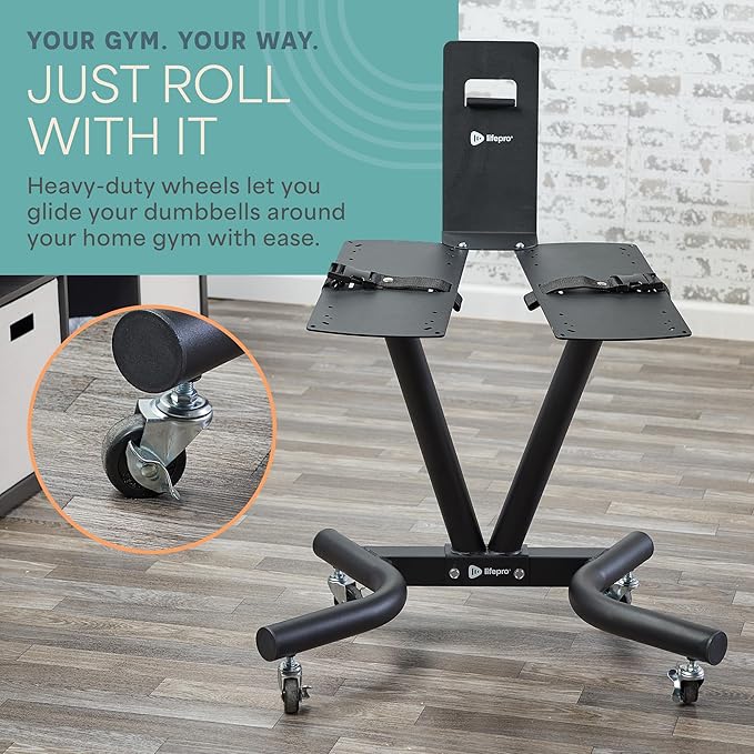 Lifepro Adjustable Dumbbell Stand with Wheels & Phone/Tablet Holder – Compatible with PowerFlow Plus, PowerUp Plus & Other Brands – Smart, Space-Saving Dumbbell Rack for Home Gym