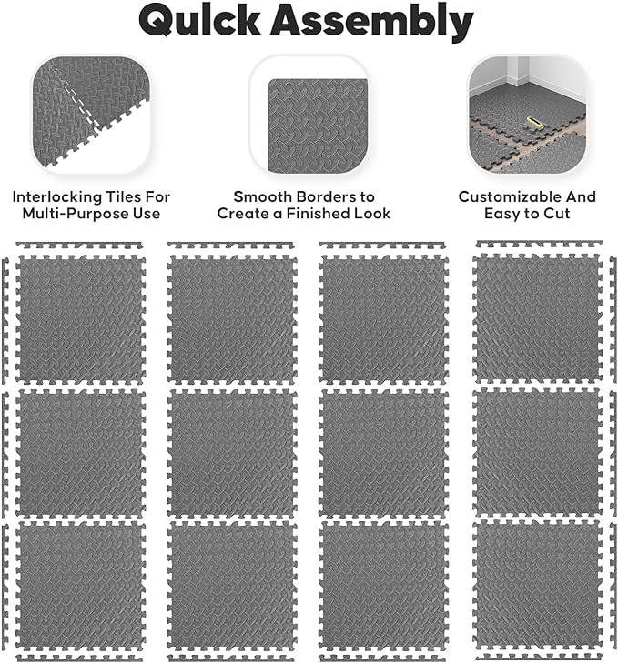 32 Pack Home Gym Mat, Puzzle Exercise Mat, 1of EVA Interlocking Foam Floor Tiles for Home Workout Equipment and Kids' Play Areas - Grey, 24 in x 24 in x ½ in - 32 Tiles (Grey, 32 Pack 128 sq ft)
