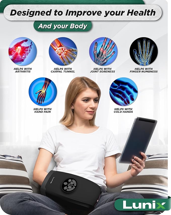 Lunix LX3 FSA Carpal Tunnel & Wrist Pain Relief Device, Heated Air Compression Hand Massager Machine for Arthritis & Finger Numbness, Cordless, Charcoal Black