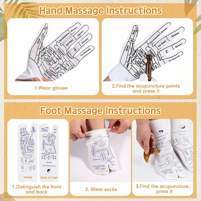 16 Pcs Reflexology Socks and Gloves with Tools Foot Reflexology Socks with Acupressure Gloves & 8 Pcs Massage Point Tools Foot Relief Acupressure Massager Set for Women and Men(Amber)