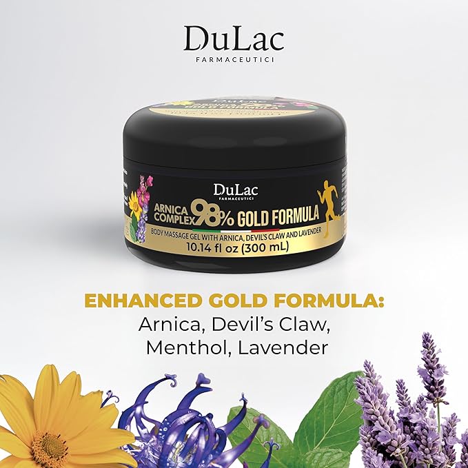 Dulàc - Arnica Body Massage Gel, Arnica Montana 98% Maximum Strength + Devil's Claw for Muscle Massage, Arnica Montana Complex 98% 10.14 Fl Oz, Gold Formula