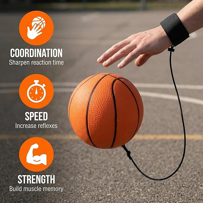 Basketball Wrist Return Ball, Sports Training Rubber Bouncy Ball on Elastic String, 2.36 Inch, for Exercise and Training