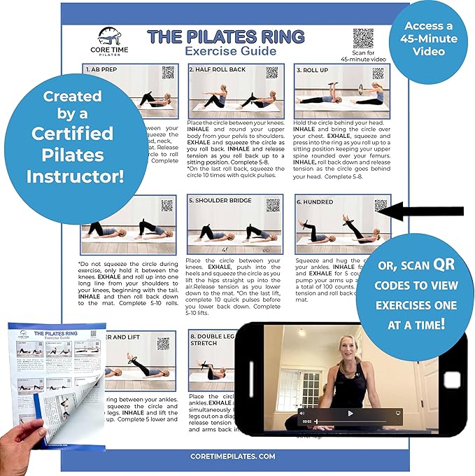 Pilates Ring and Exercise Guide- 25 Magic Circle Exercises Included- Photos and Videos by Pilates Instructor- Full Website Access Included - with Resistance Band and Bag.