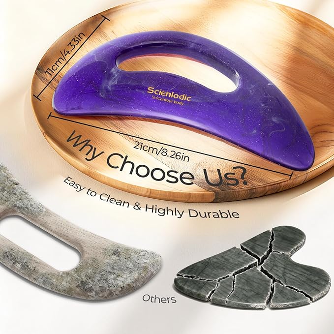 Scienlodic Gua Sha Massage Tool with Handle (Resin) Larger Guasha Body Scraping Tool for Back Legs Neck Massage, Lymphatic Drainage, Cellulite Remove - Large Dark Purple