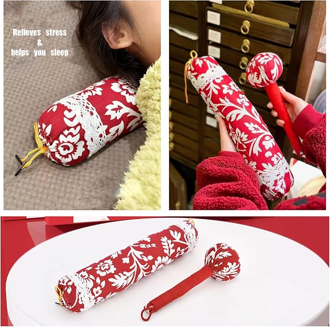2pcs Manual Massage Tools,Manual Whole Body Wormwood Massage Hammer(12in)& Mugwort Pillow(15in), Lymphatic Drainage Tool,Back Knock Long Handheld Massage Stick for Back Pain Relief (Red)