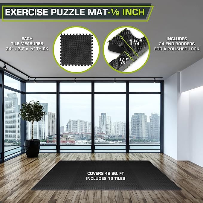 ProsourceFit Puzzle Exercise Mat ½ in, EVA Interlocking Foam Floor Tiles for Home Gym, Mat for Home Workout Equipment, Floor Padding for Kids, Black, 24 in x 24 in x ½ in, 48 Sq Ft - 12 Tiles