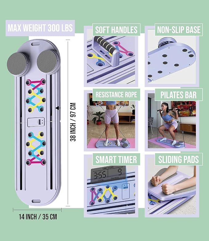 Pilates Board Portable Reformer Set Pilates Kit with Resistance Bands Ball Timer Display for Home Workout Fitness Abs Glutes Women Foldable Multifunction Pilates Machine