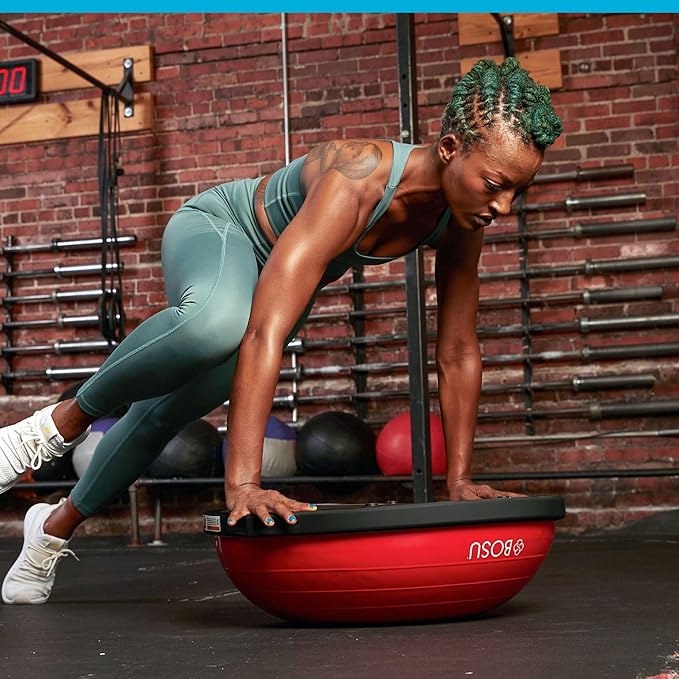 Bosu Balance Ball Exercise Trainer, Home Gym Equipment w/ Guided Workouts & Pump, 26", Blue - Inflatable Fitness Platform for Strength Training, Standing, Balancing, and Core Workout