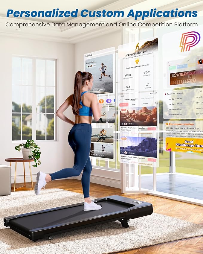DeerRun Under Desk Walking Pad Treadmill with 6% Manual Incline, 0.6-3.8 MPH Walking Speed, 2.5 HP, 300 lb Capacity, App & Remote Control, for Home Office & Small Spaces