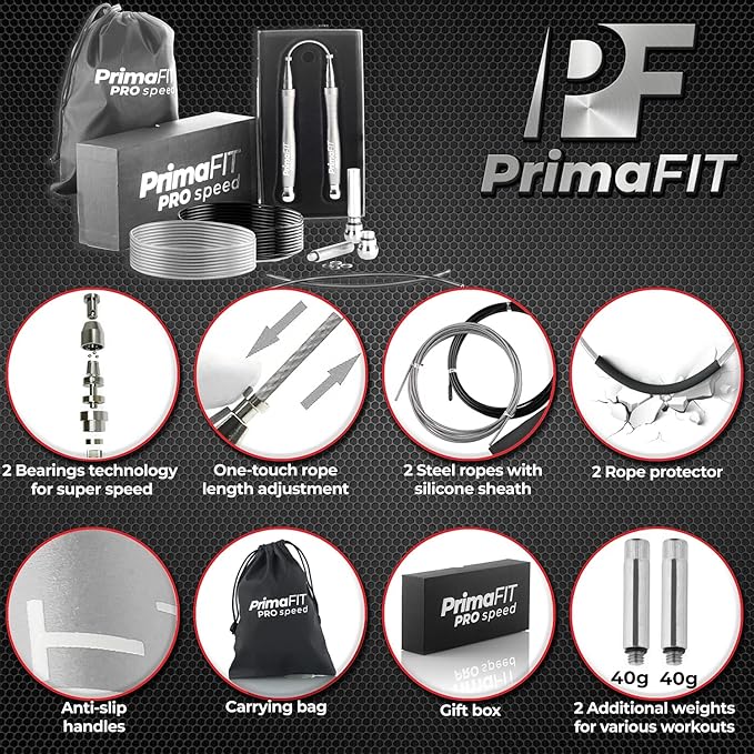 PrimaFIT Jump Rope Pro Speed Skipping Rope Adjustable Adult Jumping Rope Weighted Aluminium Handles for Double Dutch Boxing Workout Crossfit Exercise Fitness Spare Cable Weights Protectors Carry Bag