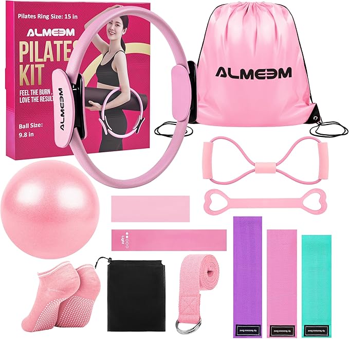 Pilates Ring Kit for Women and Men - 15 inch Magic Circle Exercise Ring and Ball Set for Home Workout Equipment - Dual Padded Handles Ring and Resistance Bands Set for All Fitness Lovers