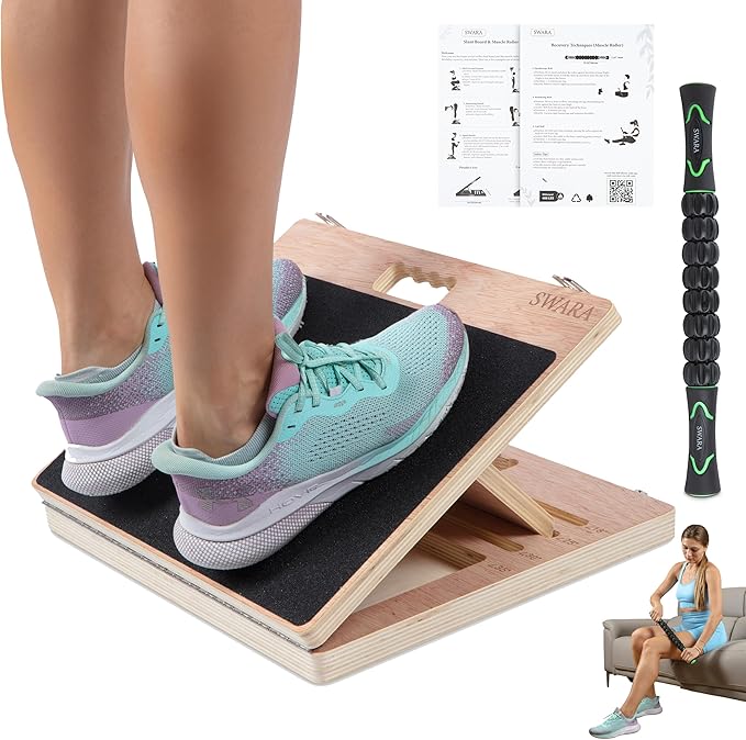 17″ Wide, Premium Portable Wooden Slant Board, Thicker Bottom, Squats & Calf Stretching – Professional Adjustable Calf Stretcher Slant Board, Exercise Guide & Bonus Muscle Roller, Physical Therapy
