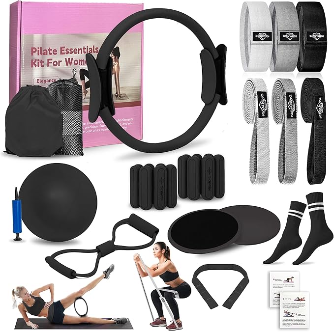 Pilates Essentials Kit for Home Women, Pilates Equipment for Workouts, 6 Fabric Resistance Bands, 12 Inch Magic Circle Yoga Ring, Mini Exercise Ball, Great Exercise Accessories