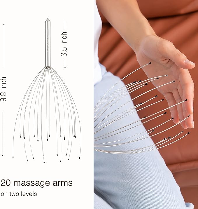 PURAVA (Original - Premium Head Massager with Metal Handle and Improved Design - Scalp Scratcher Massage with 20 Fingers for Relaxation and Scalp Stimulation - Head Massager Tool Ideal as a Gift