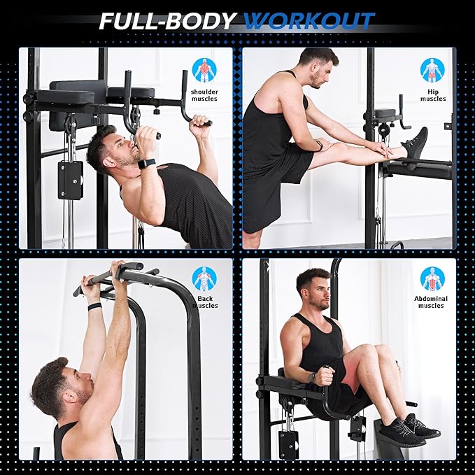 Dland Power Tower Dip Station Pull Up Bar Exercise Tower, Multi-Function Adjustable Training Equipment for Home Gym, Strength Training Workout Equipment, Black