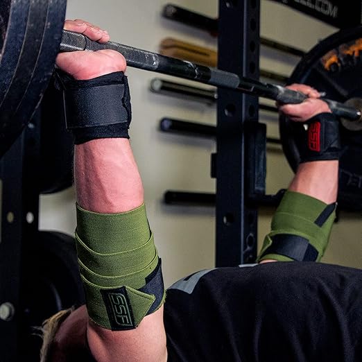 SERIOUS STEEL FITNESS Weightlifting Elbow Wraps (Pair 120 cm (47") or 160 cm (63")) (120 CM (47" - Green - Stiff))